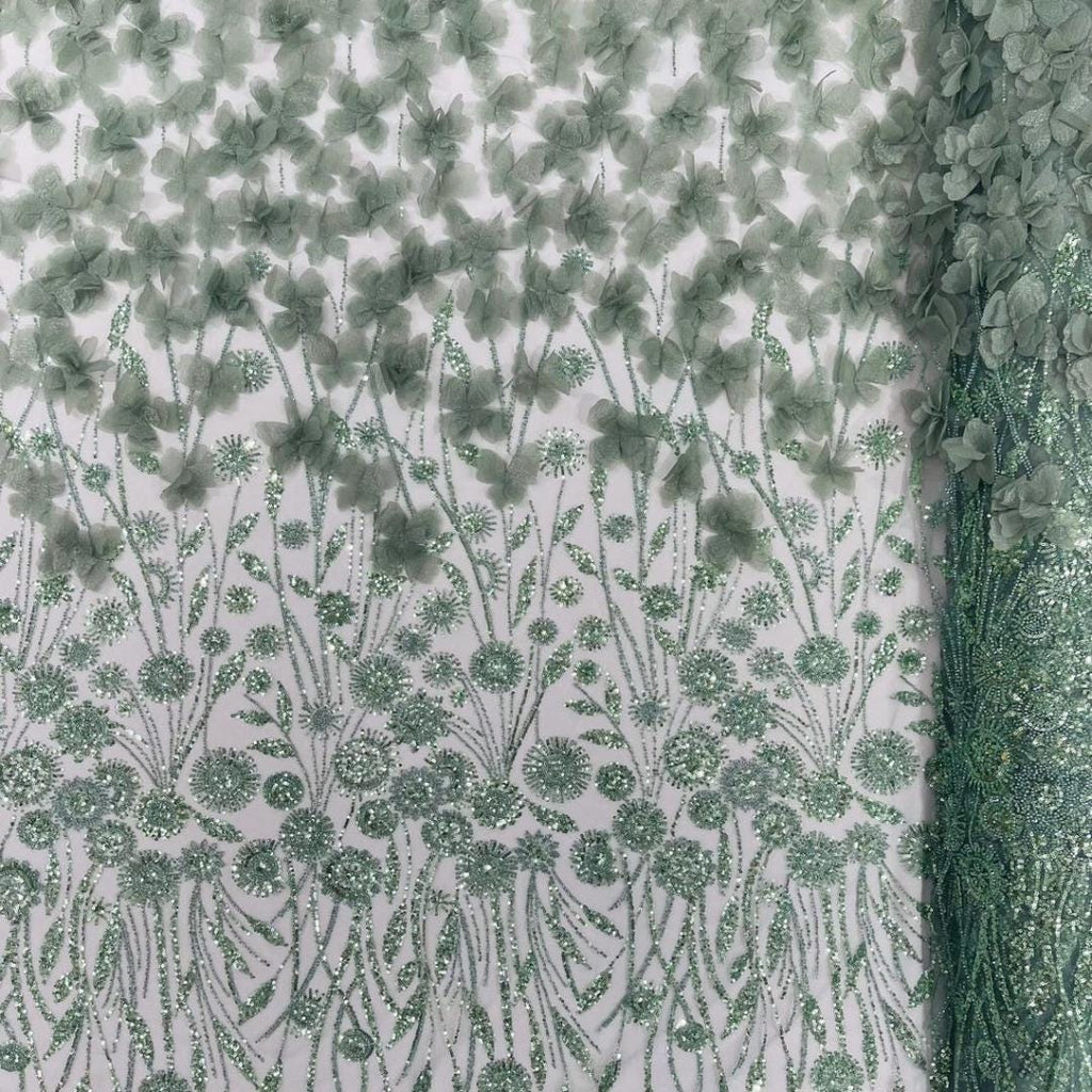 Luxury Butterfly Beaded Lace - Sage - 3D Beaded Design with Embroidered Sequins and Beads On Mesh Lace Fabric for Prom Dress By The Yard