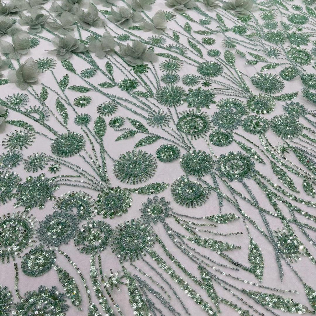 Luxury Butterfly Beaded Lace - Sage - 3D Beaded Design with Embroidered Sequins and Beads On Mesh Lace Fabric for Prom Dress By The Yard