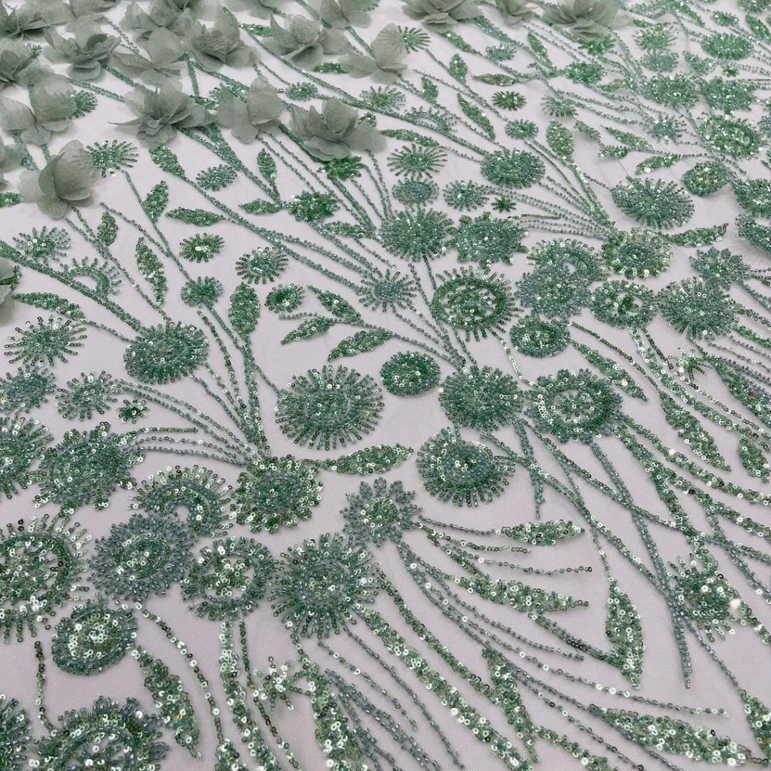 Luxury Butterfly Beaded Lace - Sage - 3D Beaded Design with Embroidered Sequins and Beads On Mesh Lace Fabric for Prom Dress By The Yard
