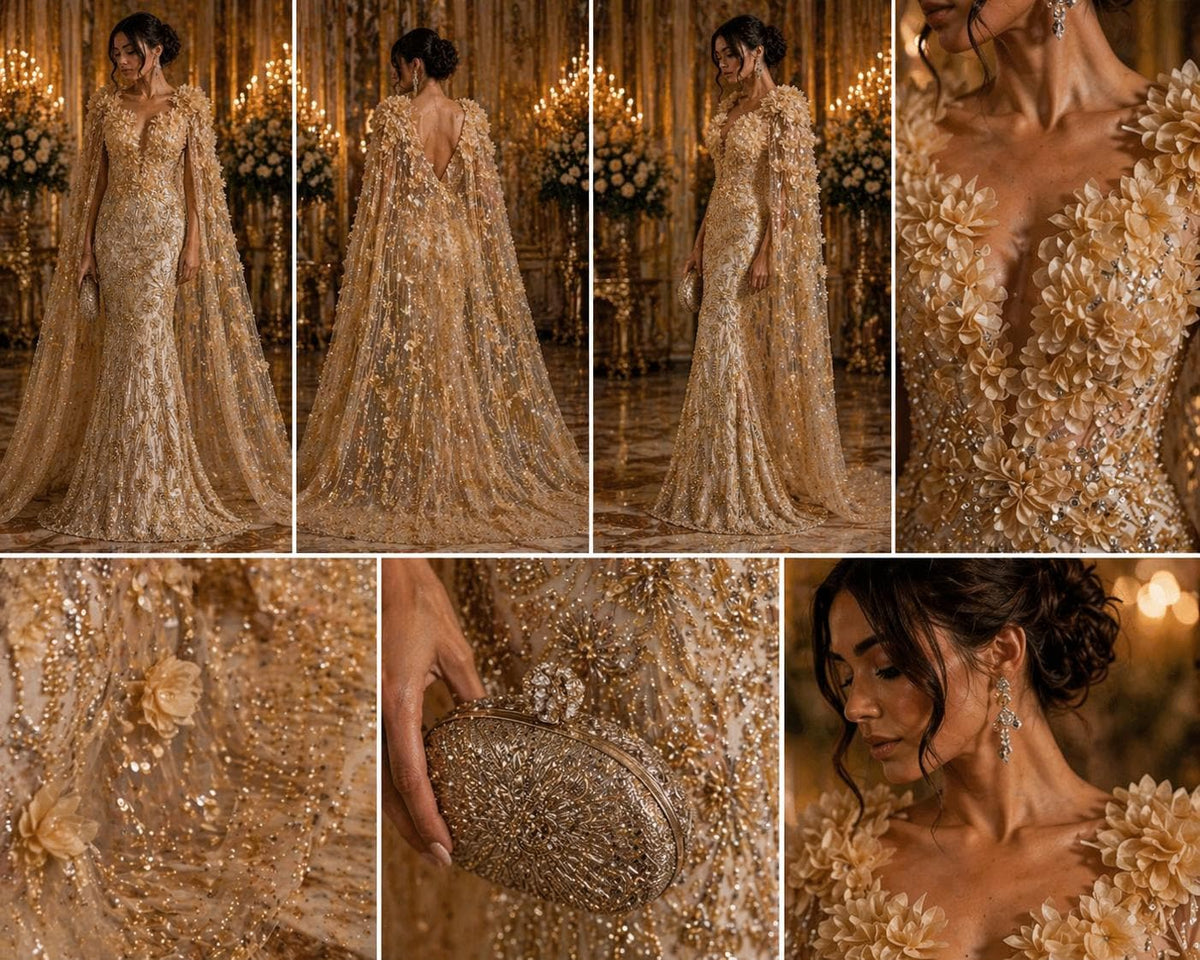 Luxury Butterfly Beaded Lace - Champagne -3D Beaded Design with Embroidered Sequins and Beads On Mesh Lace Fabric for Prom Dress By The Yard