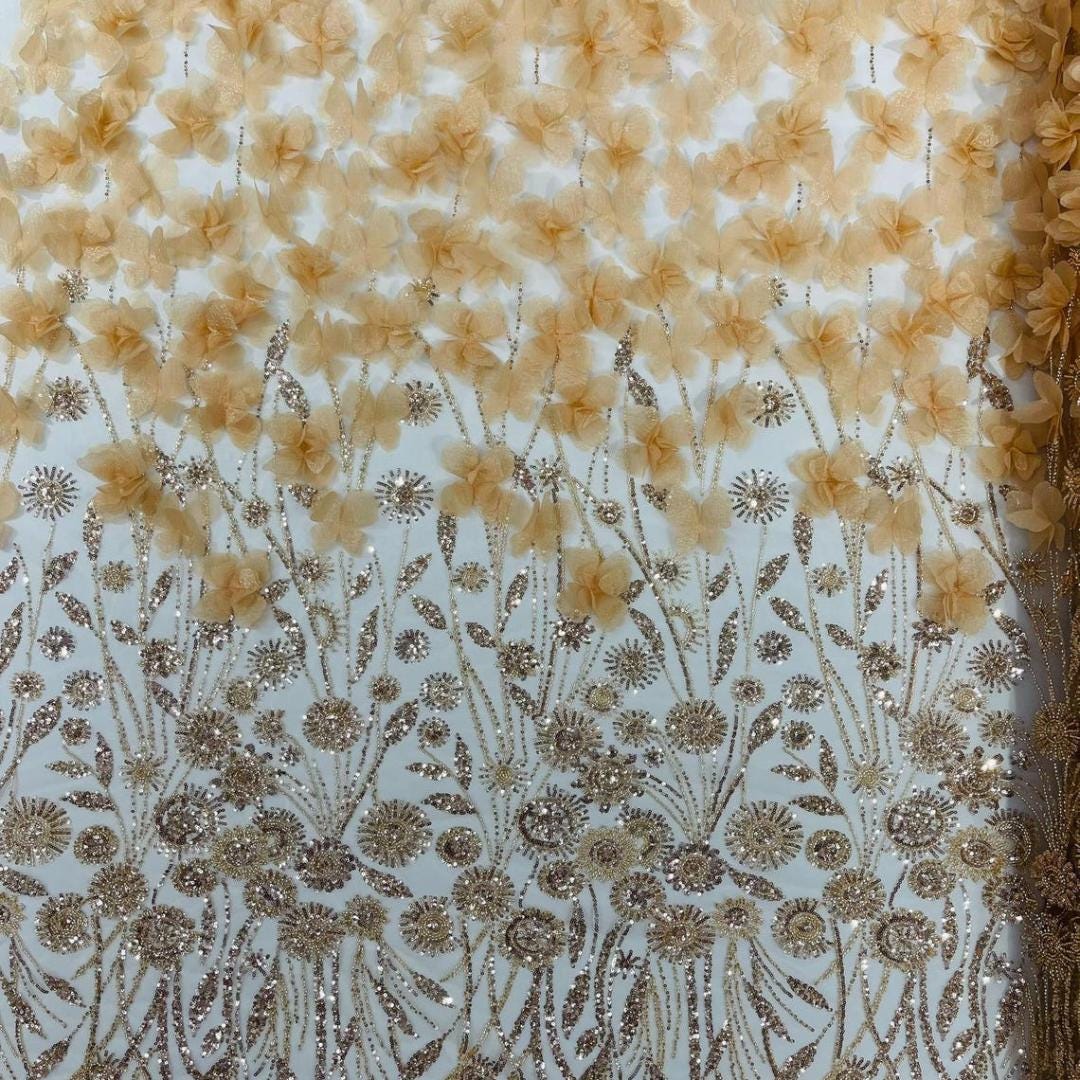 Luxury Butterfly Beaded Lace - Champagne -3D Beaded Design with Embroidered Sequins and Beads On Mesh Lace Fabric for Prom Dress By The Yard