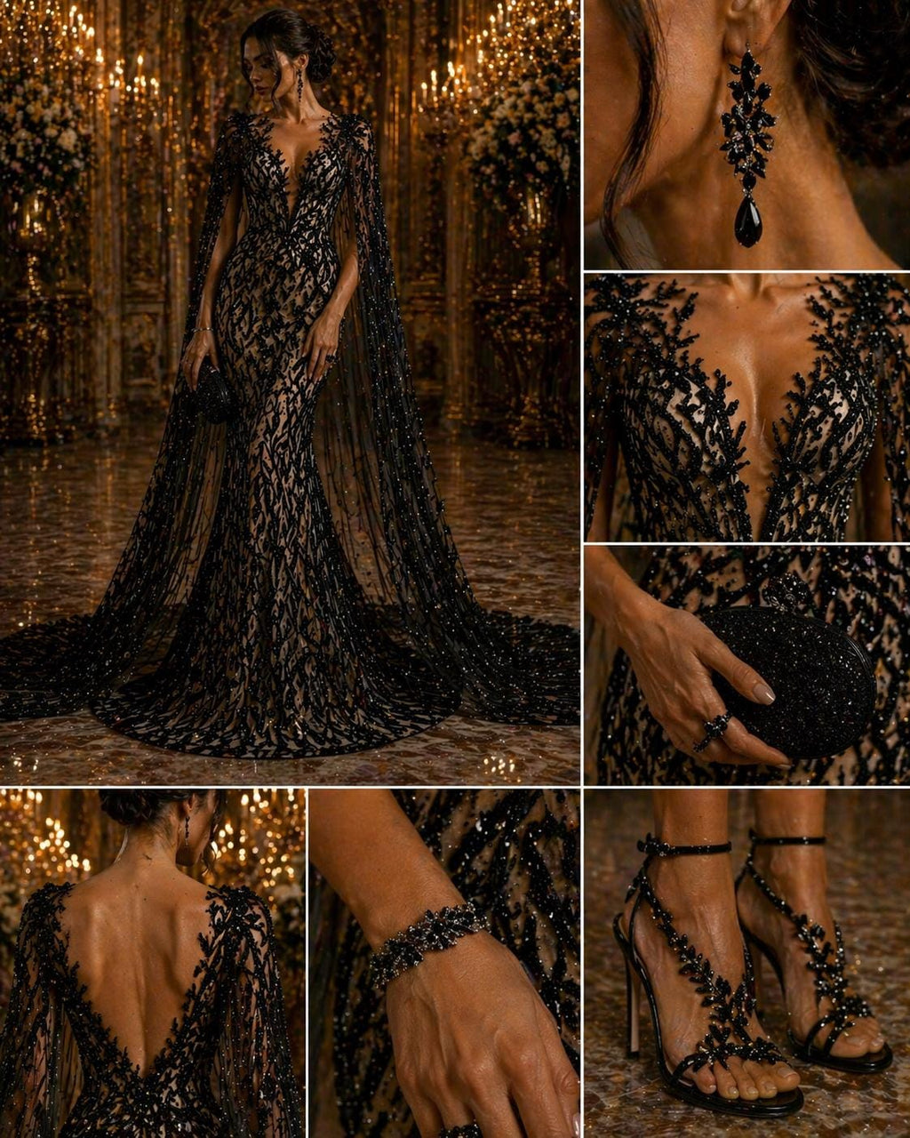 Luxurious Design Lace - Black - 3D Beaded Design with Embroidered Sequins and Beads On a Mesh Lace Fabric for Prom Dress By The Yard
