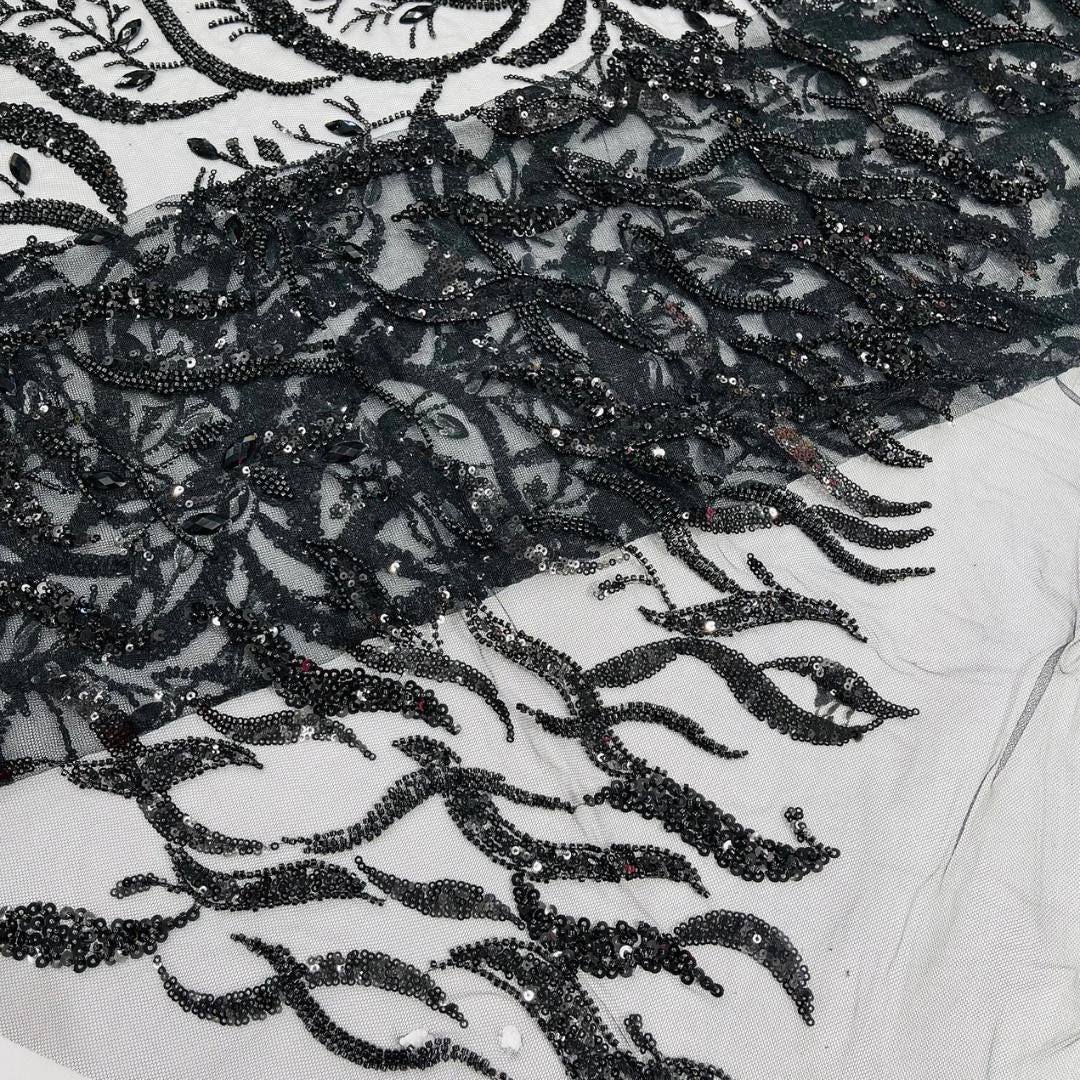 Luxurious Design Lace - Black - 3D Beaded Design with Embroidered Sequins and Beads On a Mesh Lace Fabric for Prom Dress By The Yard