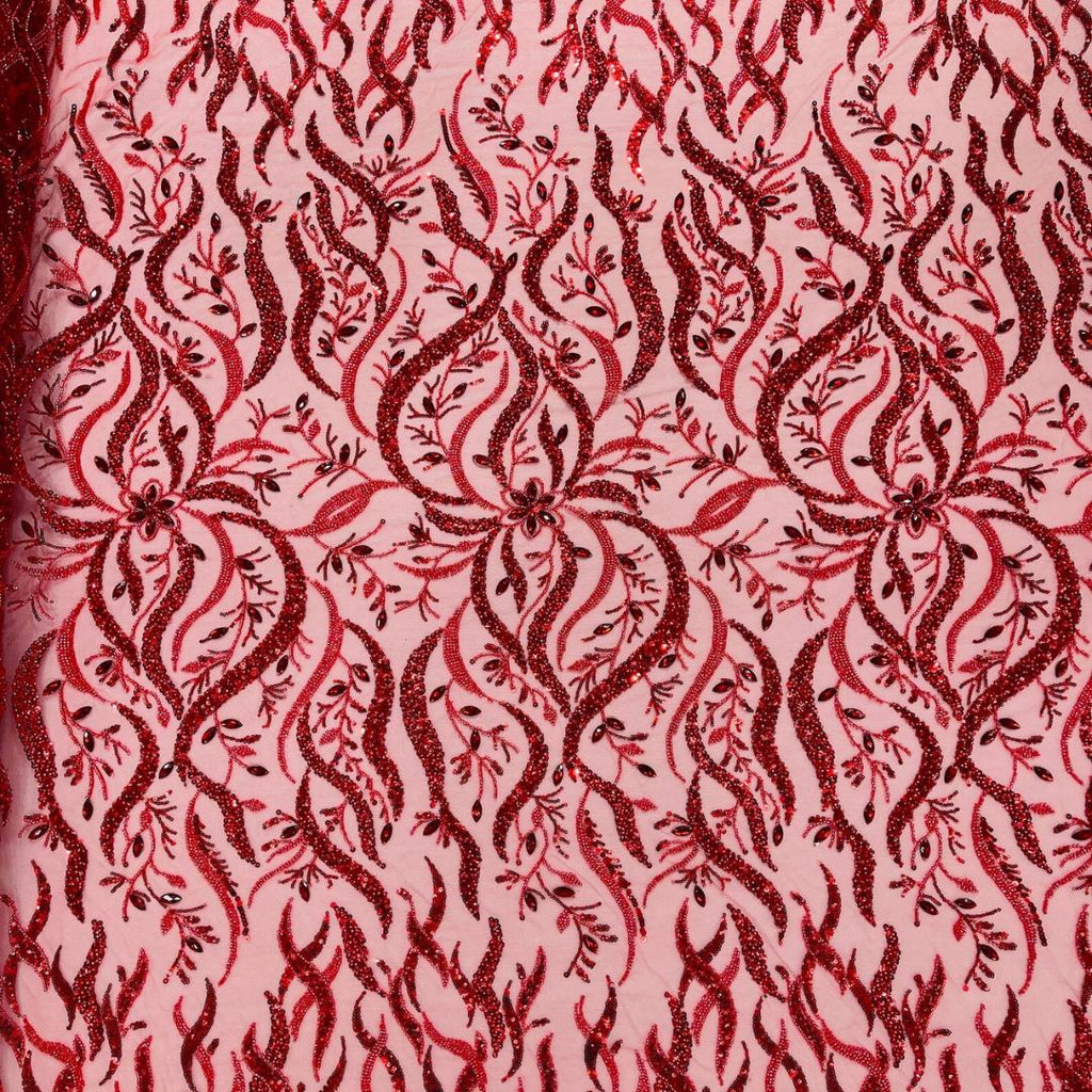 Luxurious Design Lace - Red - 3D Beaded Design with Embroidered Sequins and Beads On a Mesh Lace Fabric for Prom Dress By The Yard