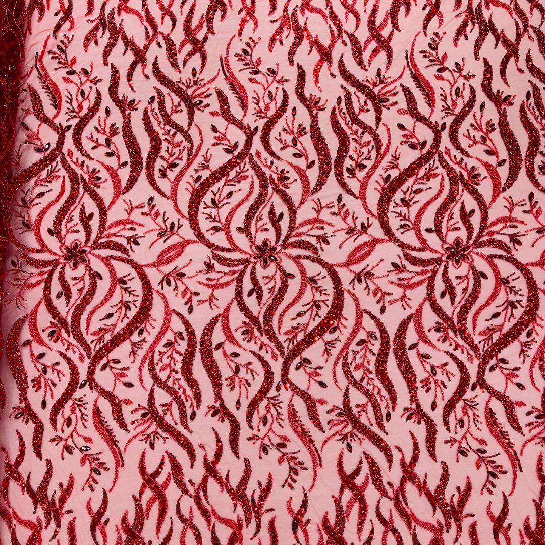 Luxurious Design Lace - Red - 3D Beaded Design with Embroidered Sequins and Beads On a Mesh Lace Fabric for Prom Dress By The Yard