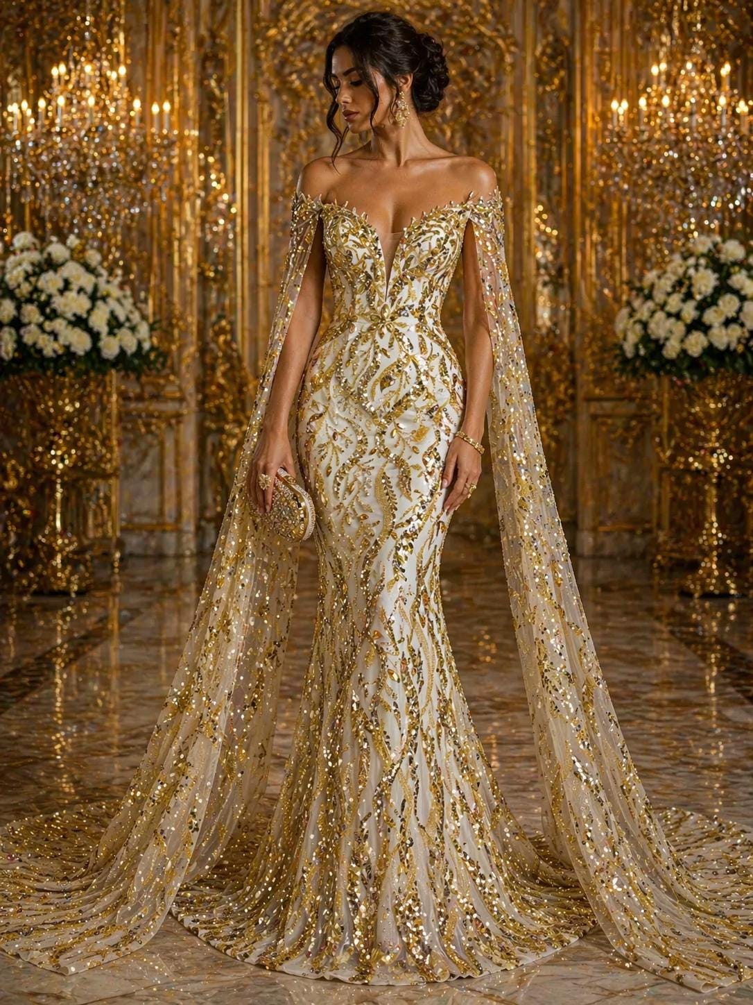 Luxurious Design Lace - Gold - 3D Beaded Design with Embroidered Sequins and Beads On a Mesh Lace Fabric for Prom Dress By The Yard