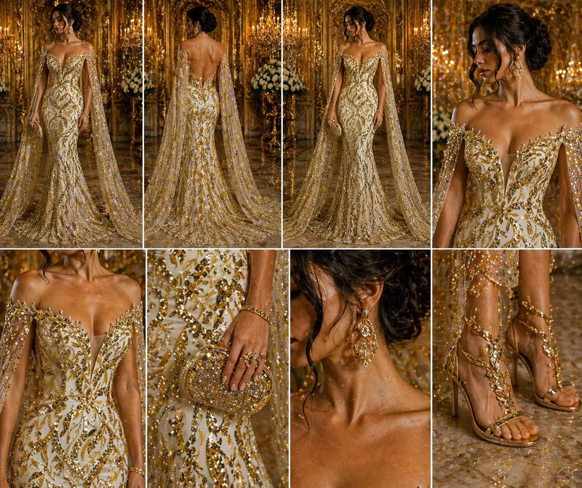 Luxurious Design Lace - Gold - 3D Beaded Design with Embroidered Sequins and Beads On a Mesh Lace Fabric for Prom Dress By The Yard