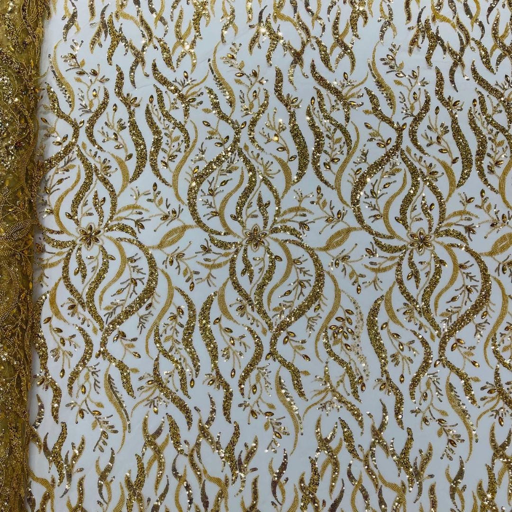 Luxurious Design Lace - Gold - 3D Beaded Design with Embroidered Sequins and Beads On a Mesh Lace Fabric for Prom Dress By The Yard