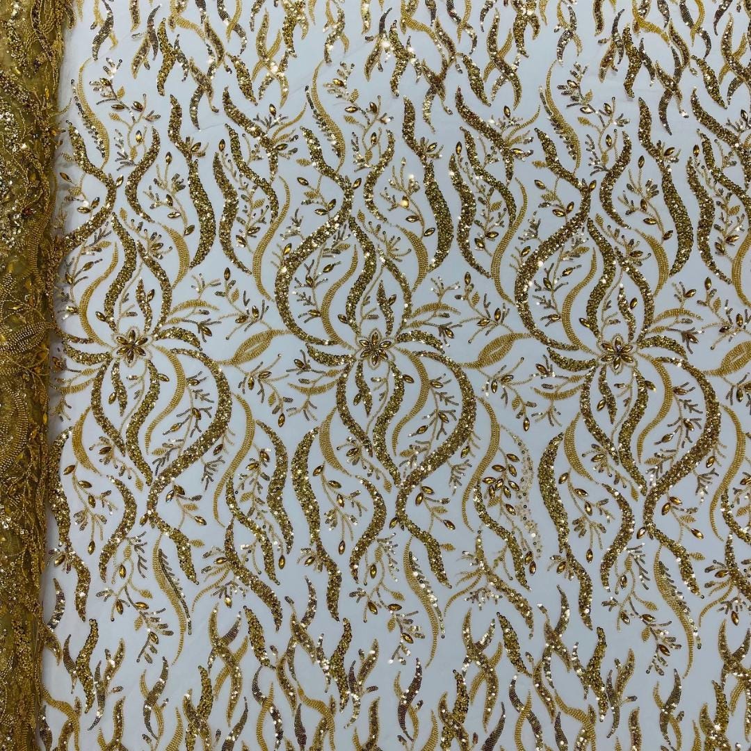 Luxurious Design Lace - Gold - 3D Beaded Design with Embroidered Sequins and Beads On a Mesh Lace Fabric for Prom Dress By The Yard