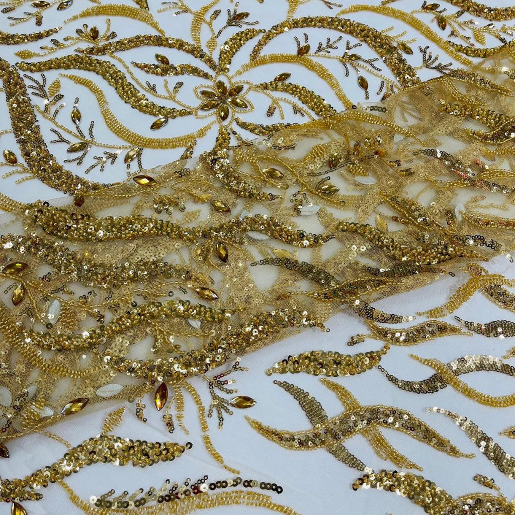 Luxurious Design Lace - Gold - 3D Beaded Design with Embroidered Sequins and Beads On a Mesh Lace Fabric for Prom Dress By The Yard