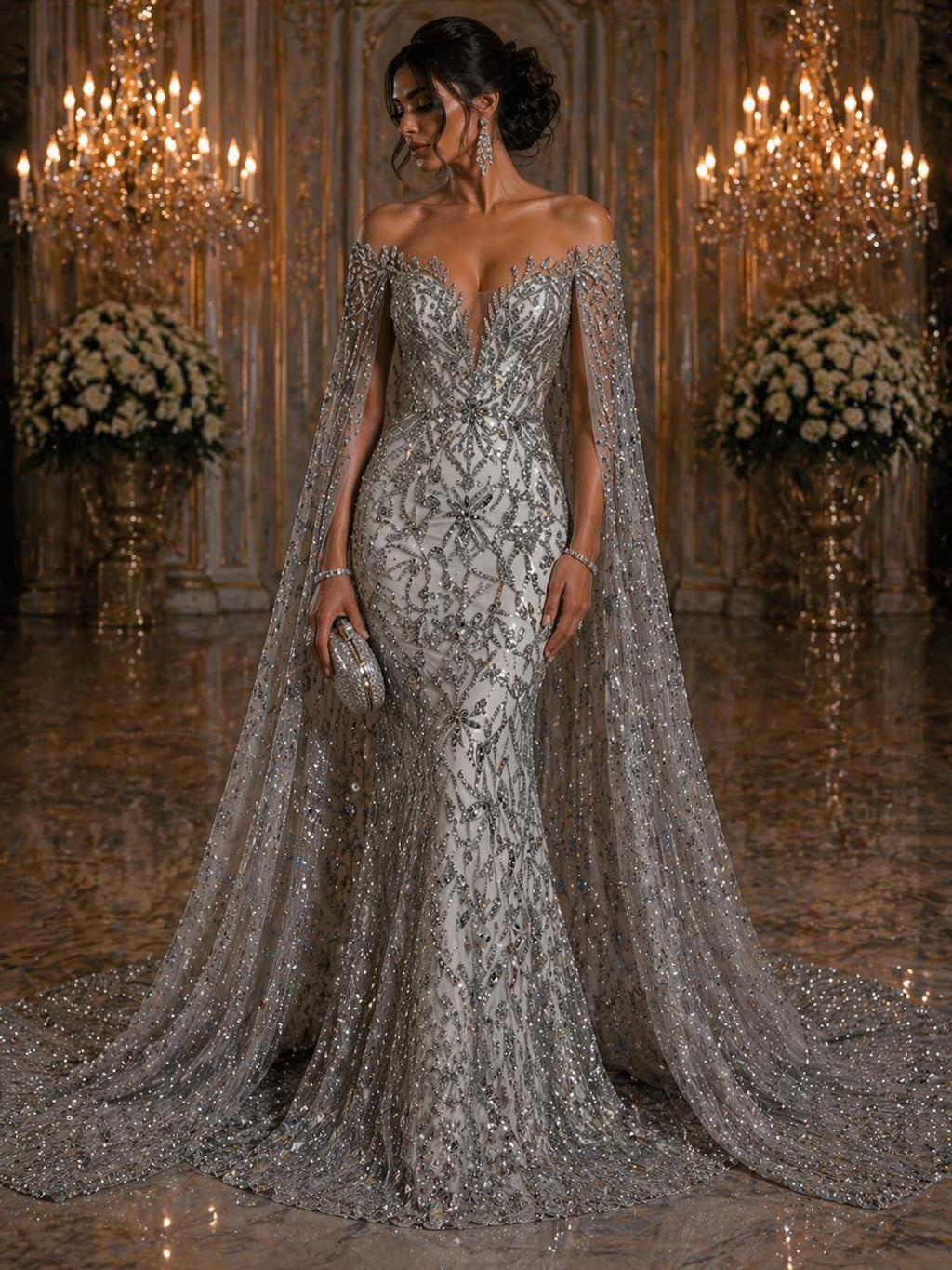 Luxurious Design Lace - Silver - 3D Beaded Design with Embroidered Sequins and Beads On a Mesh Lace Fabric for Prom Dress By The Yard