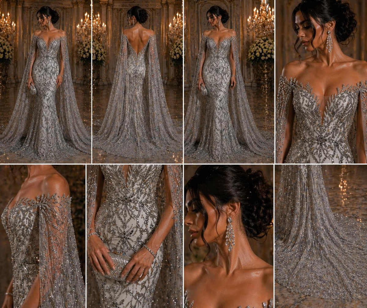 Luxurious Design Lace - Silver - 3D Beaded Design with Embroidered Sequins and Beads On a Mesh Lace Fabric for Prom Dress By The Yard