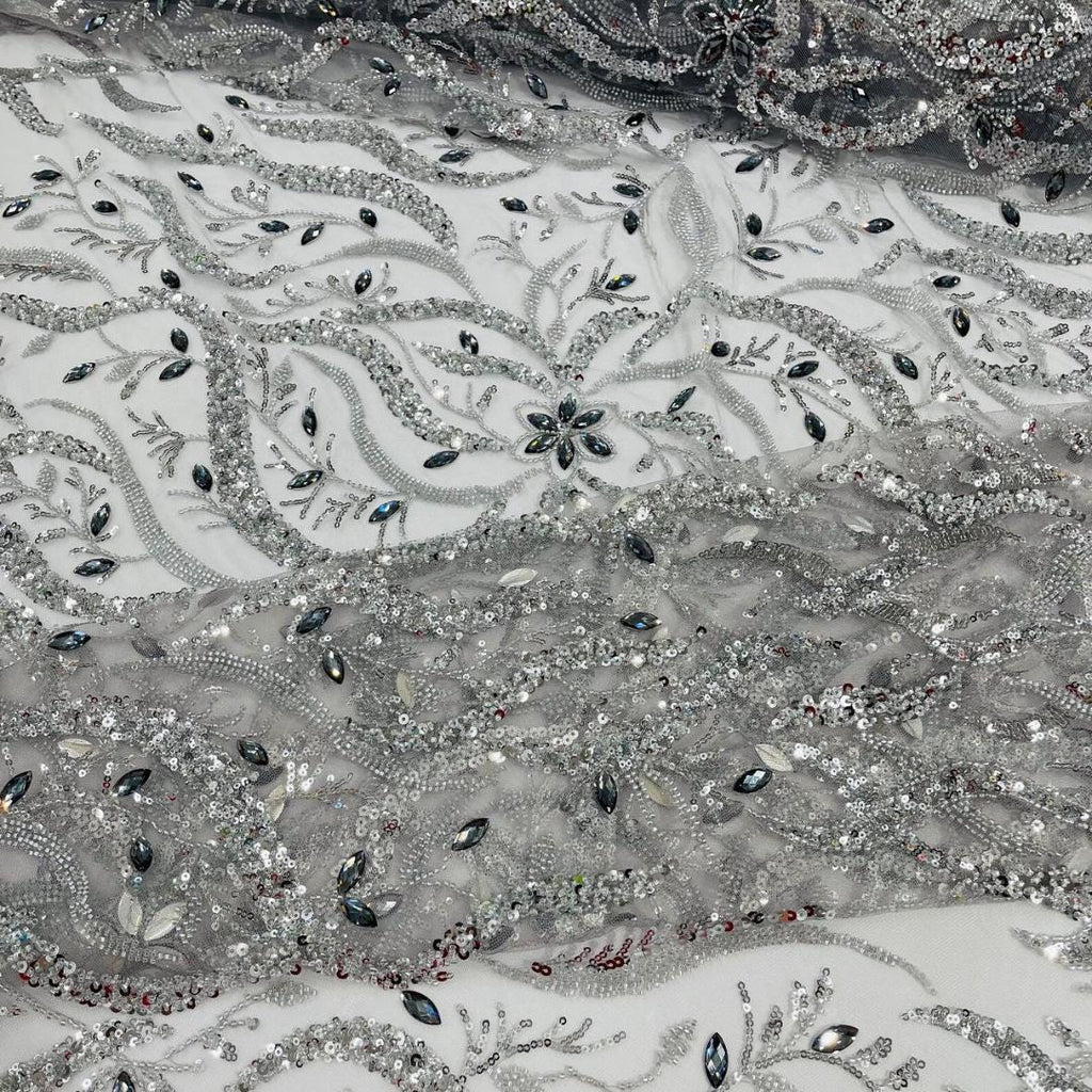Luxurious Design Lace - Silver - 3D Beaded Design with Embroidered Sequins and Beads On a Mesh Lace Fabric for Prom Dress By The Yard
