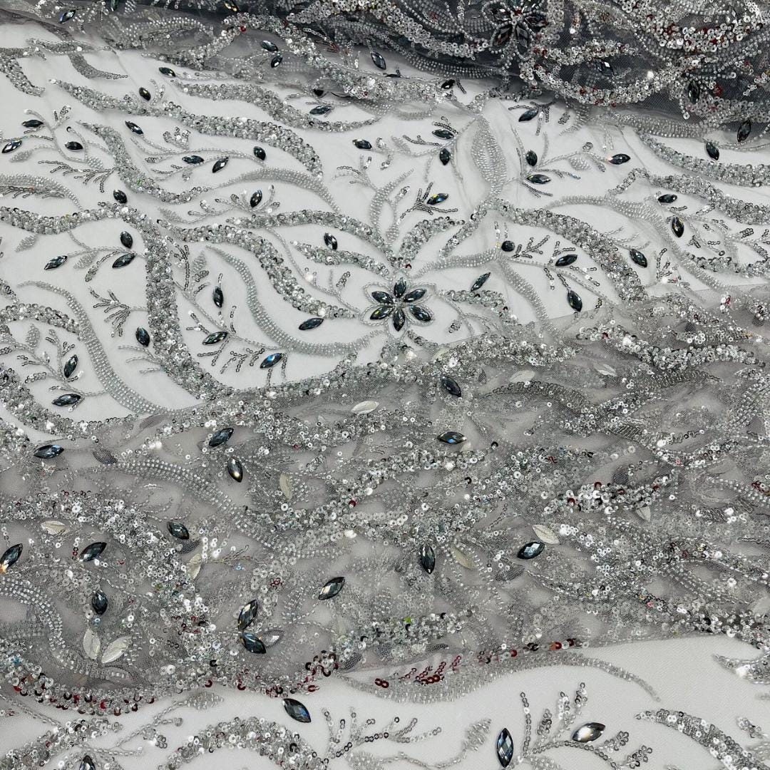 Luxurious Design Lace - Silver - 3D Beaded Design with Embroidered Sequins and Beads On a Mesh Lace Fabric for Prom Dress By The Yard