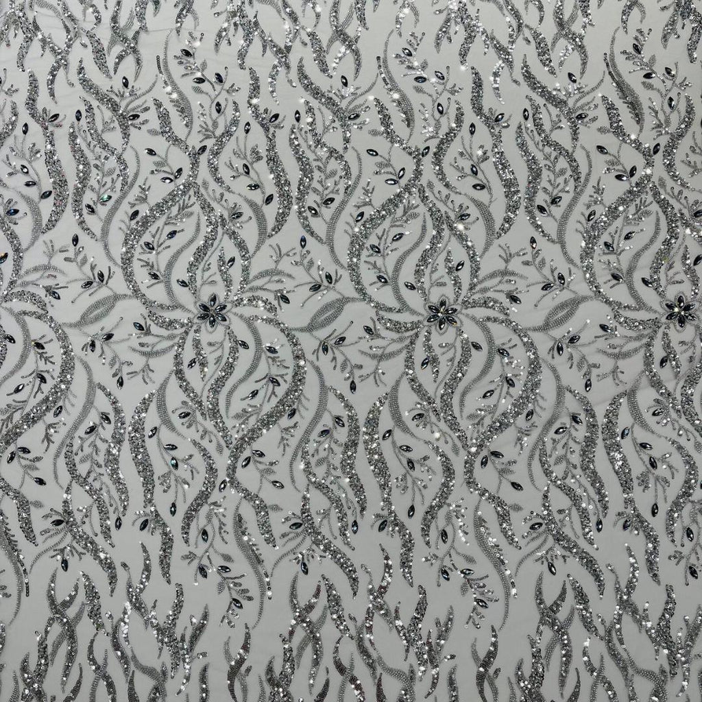 Luxurious Design Lace - Silver - 3D Beaded Design with Embroidered Sequins and Beads On a Mesh Lace Fabric for Prom Dress By The Yard