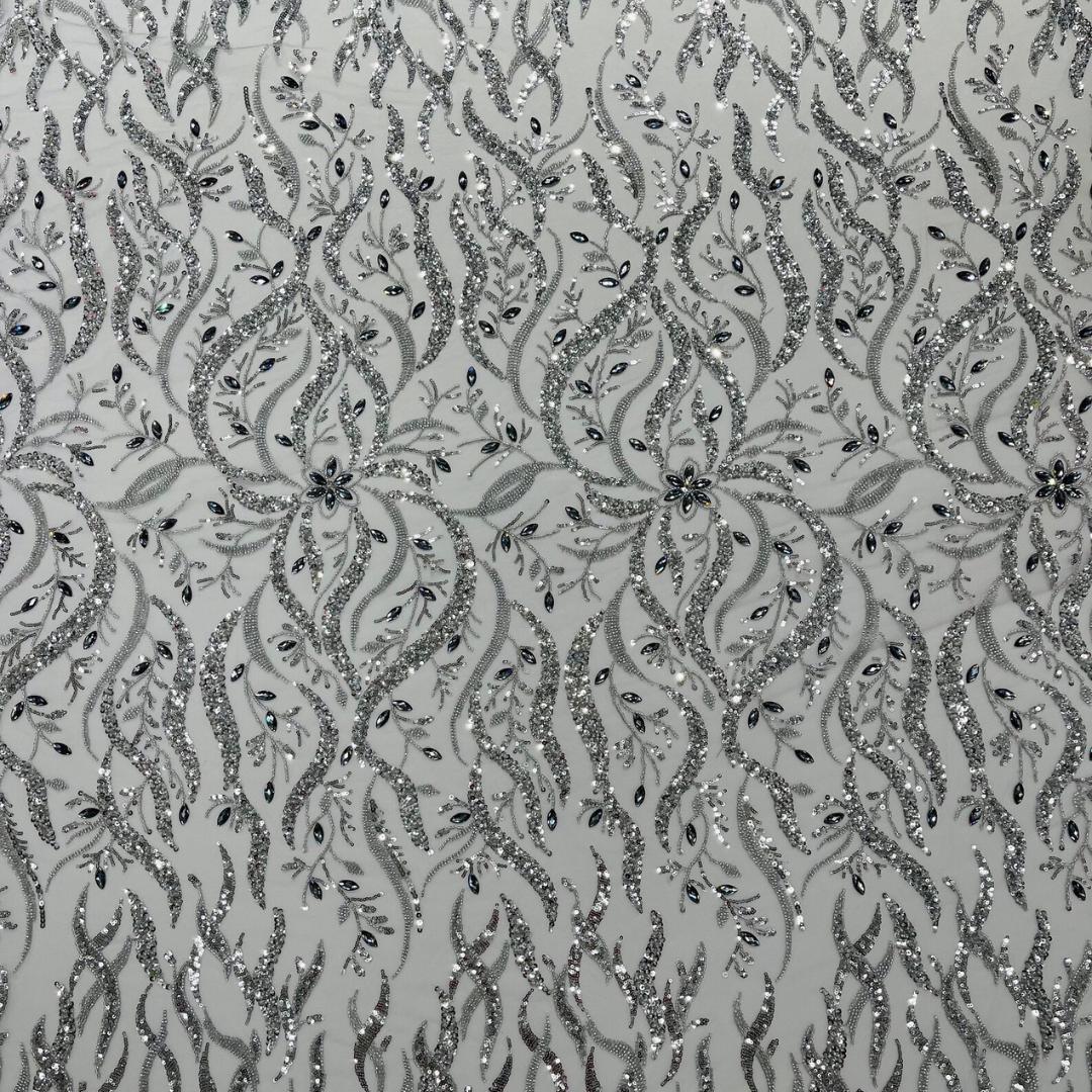 Luxurious Design Lace - Silver - 3D Beaded Design with Embroidered Sequins and Beads On a Mesh Lace Fabric for Prom Dress By The Yard
