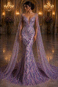Luxurious Design Lace - Lilac - 3D Beaded Design with Embroidered Sequins and Beads On a Mesh Lace Fabric for Prom Dress By The Yard