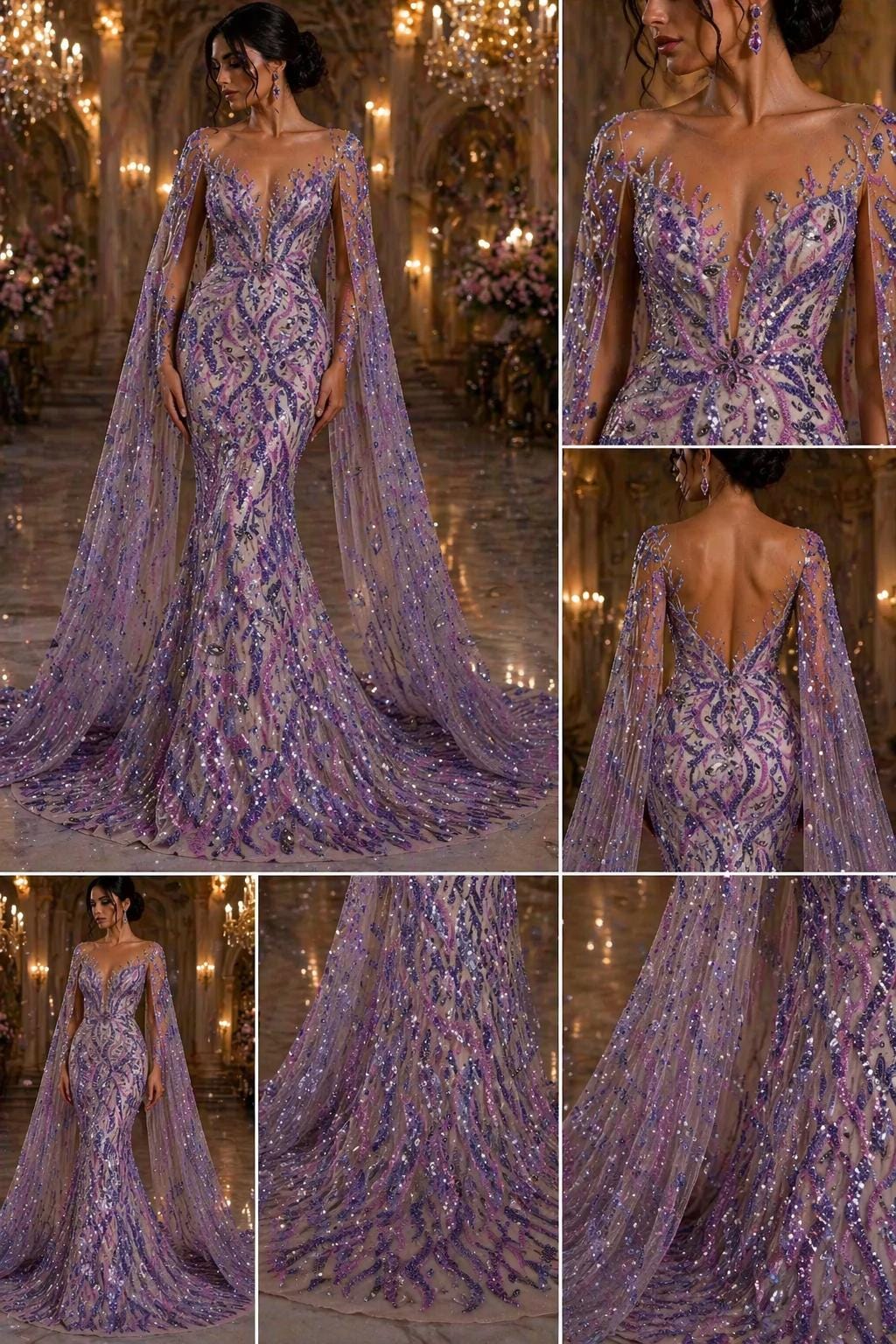 Luxurious Design Lace - Lilac - 3D Beaded Design with Embroidered Sequins and Beads On a Mesh Lace Fabric for Prom Dress By The Yard