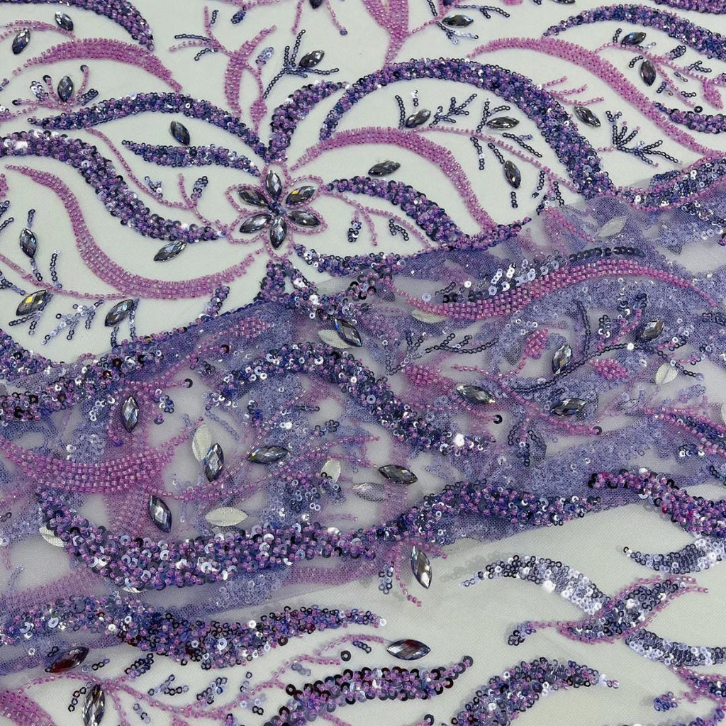 Luxurious Design Lace - Lilac - 3D Beaded Design with Embroidered Sequins and Beads On a Mesh Lace Fabric for Prom Dress By The Yard