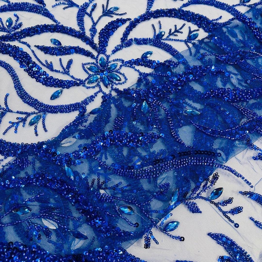 Luxurious Design Lace - Royal - 3D Beaded Design with Embroidered Sequins and Beads On a Mesh Lace Fabric for Prom Dress By The Yard