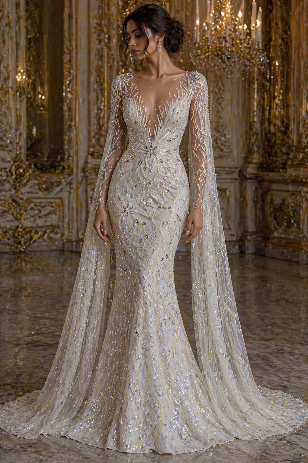 Luxurious Design Lace - Ivory - 3D Beaded Design with Embroidered Sequins and Beads On a Mesh Lace Fabric for Prom Dress By The Yard