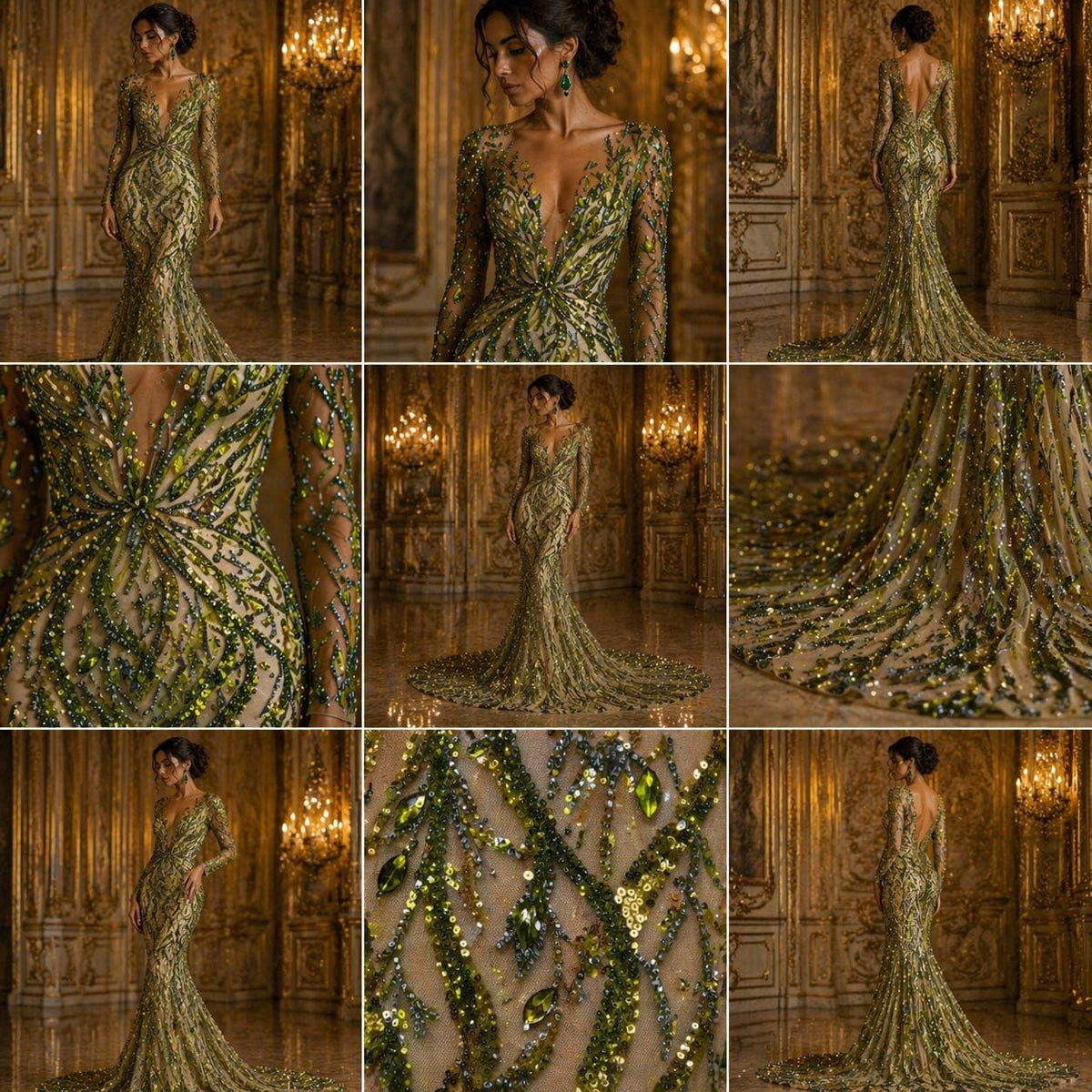 Luxurious Design Lace - Olive - 3D Beaded Design with Embroidered Sequins and Beads On a Mesh Lace Fabric for Prom Dress By The Yard