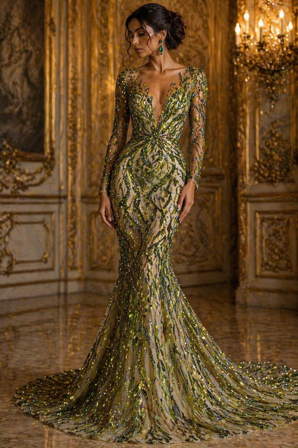 Luxurious Design Lace - Olive - 3D Beaded Design with Embroidered Sequins and Beads On a Mesh Lace Fabric for Prom Dress By The Yard
