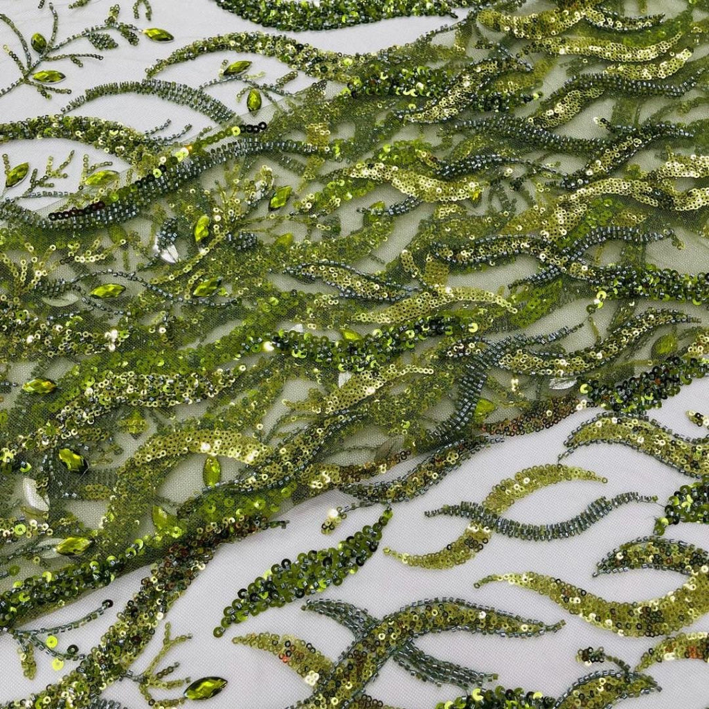 Luxurious Design Lace - Olive - 3D Beaded Design with Embroidered Sequins and Beads On a Mesh Lace Fabric for Prom Dress By The Yard