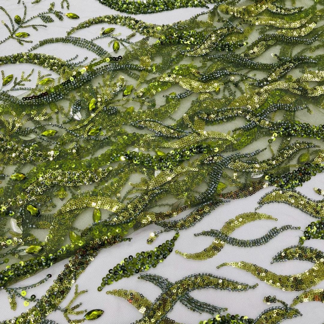 Luxurious Design Lace - Olive - 3D Beaded Design with Embroidered Sequins and Beads On a Mesh Lace Fabric for Prom Dress By The Yard