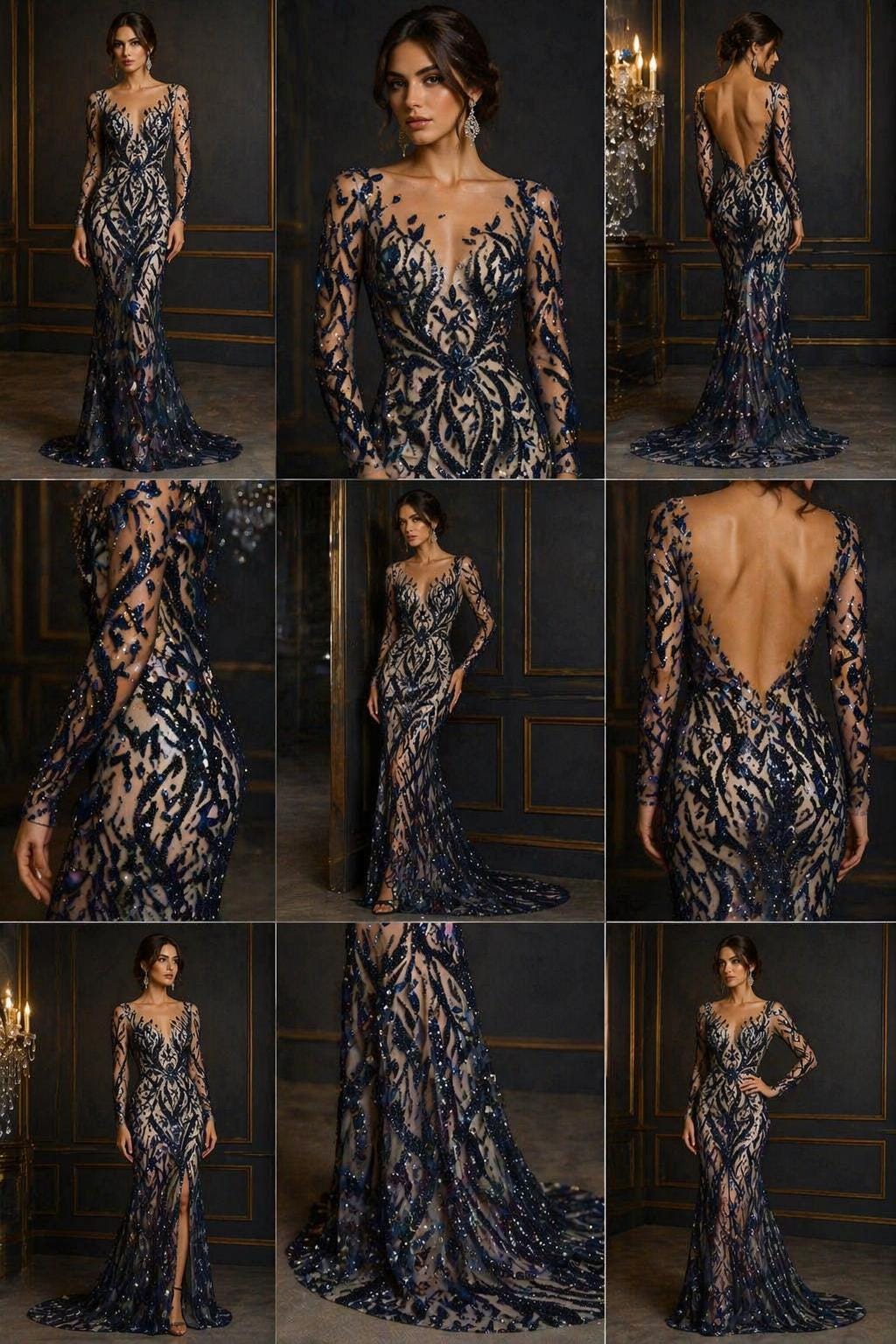Luxurious Design Lace - Navy - 3D Beaded Design with Embroidered Sequins and Beads On a Mesh Lace Fabric for Prom Dress By The Yard