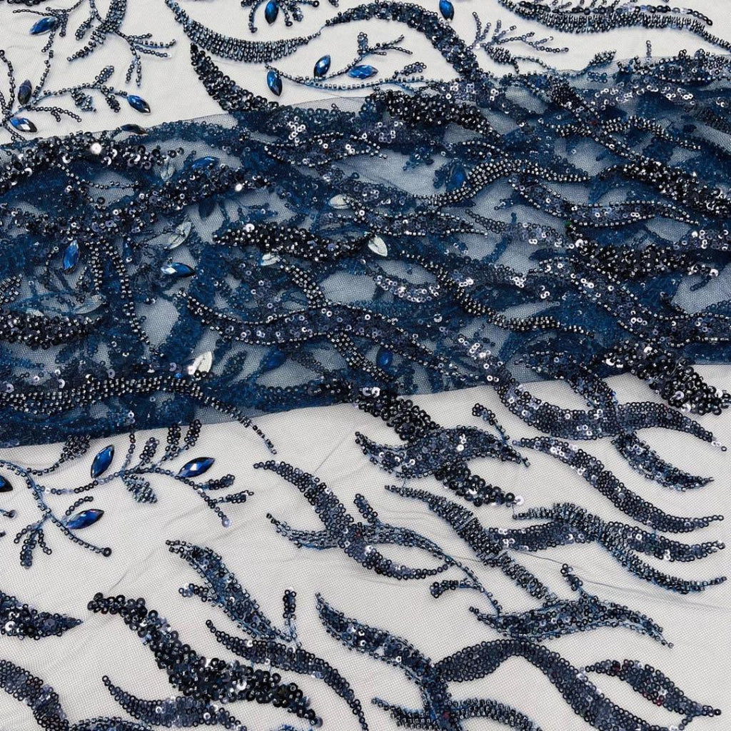 Luxurious Design Lace - Navy - 3D Beaded Design with Embroidered Sequins and Beads On a Mesh Lace Fabric for Prom Dress By The Yard