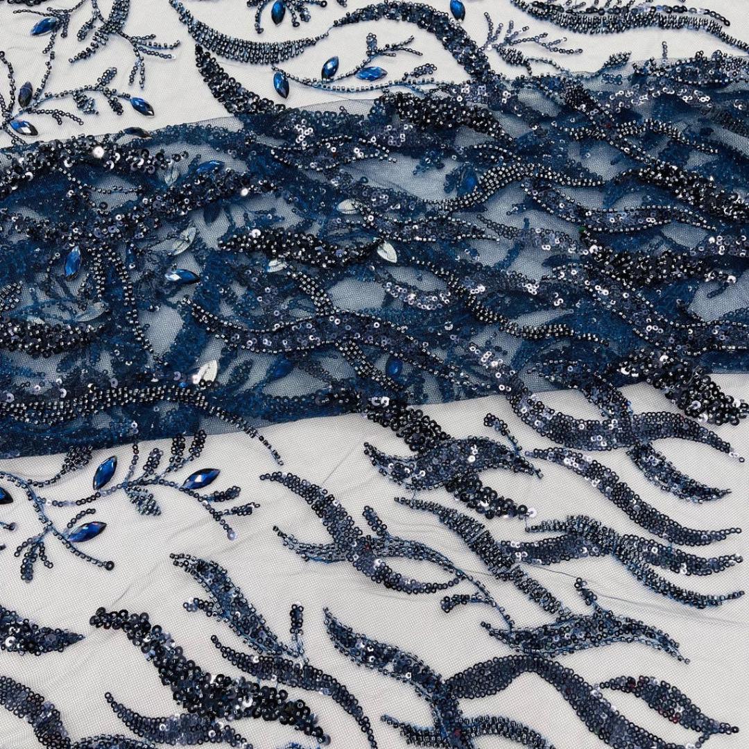 Luxurious Design Lace - Navy - 3D Beaded Design with Embroidered Sequins and Beads On a Mesh Lace Fabric for Prom Dress By The Yard