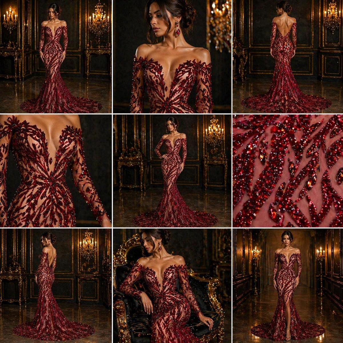 Luxurious Design Lace - Burgundy - 3D Beaded Design with Embroidered Sequins and Beads On a Mesh Lace Fabric By The Yard