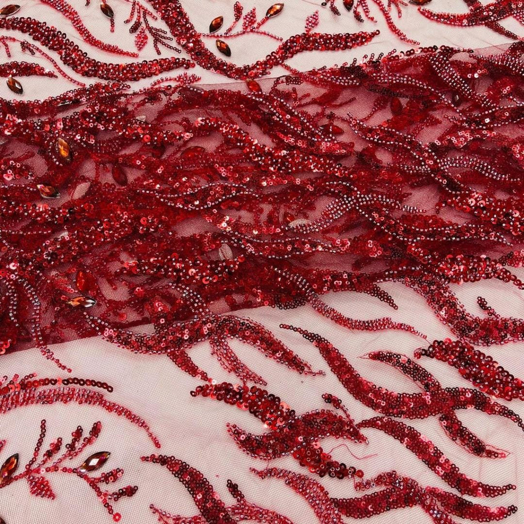 Luxurious Design Lace - Burgundy - 3D Beaded Design with Embroidered Sequins and Beads On a Mesh Lace Fabric By The Yard