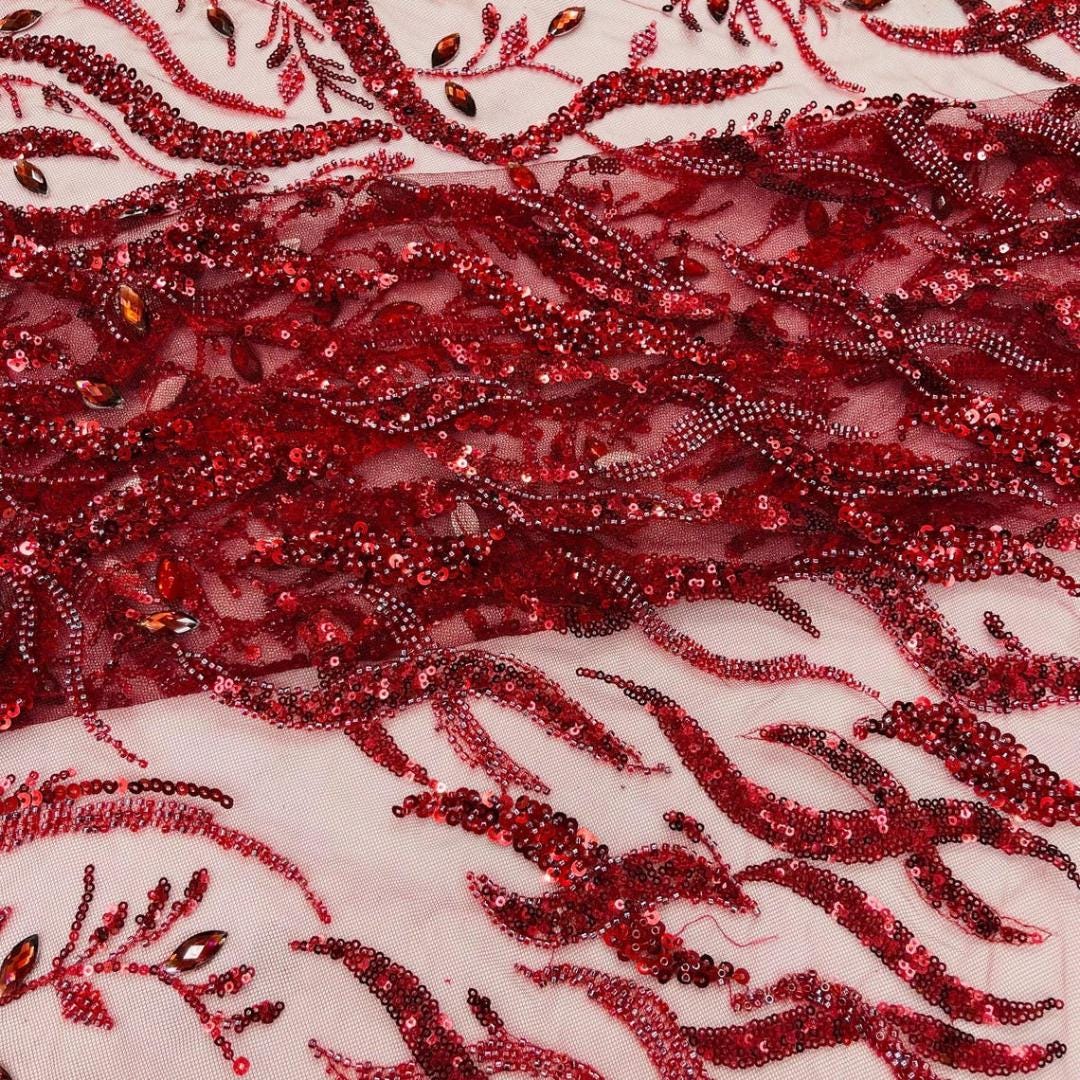 Luxurious Design Lace - Burgundy - 3D Beaded Design with Embroidered Sequins and Beads On a Mesh Lace Fabric By The Yard