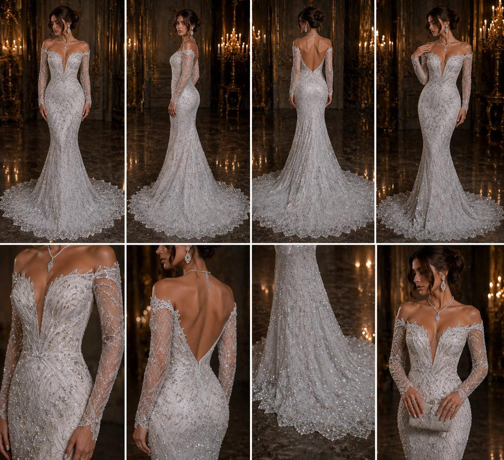 Luxurious Arch Design Lace - White - Beaded Design with Embroidered Sequins and Beads On a Mesh Lace Fabric for Prom Dress By The Yard