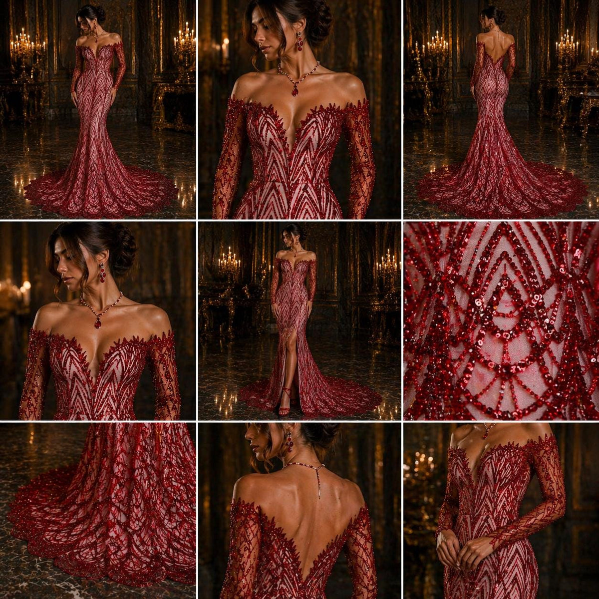 Luxurious Arch Design Lace - Red - Beaded Design with Embroidered Sequins and Beads On a Mesh Lace Fabric for Prom Dress By The Yard