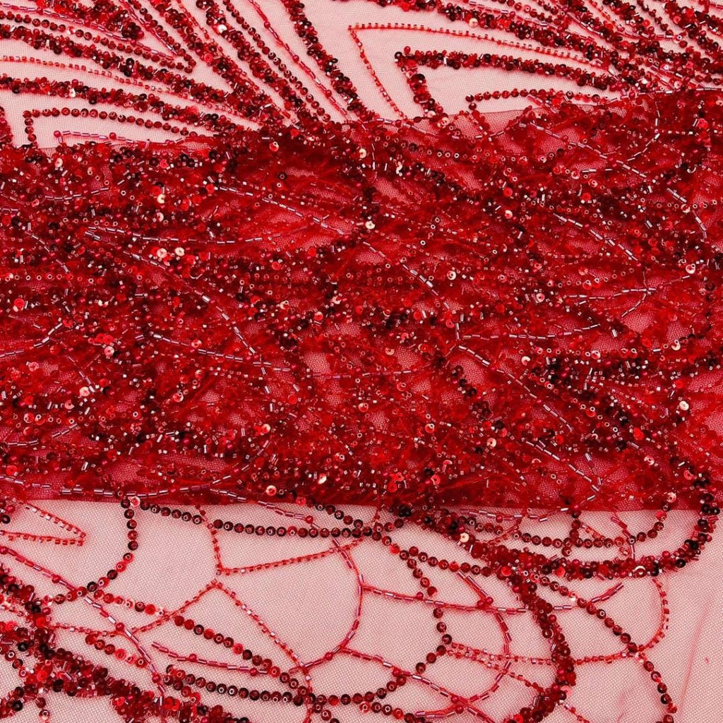 Luxurious Arch Design Lace - Red - Beaded Design with Embroidered Sequins and Beads On a Mesh Lace Fabric for Prom Dress By The Yard