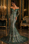 Luxurious Arch Design Lace - Hunter - Beaded Design with Embroidered Sequins and Beads On a Mesh Lace Fabric for Prom Dress By The Yard
