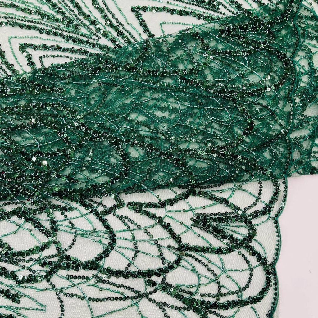 Luxurious Arch Design Lace - Hunter - Beaded Design with Embroidered Sequins and Beads On a Mesh Lace Fabric for Prom Dress By The Yard
