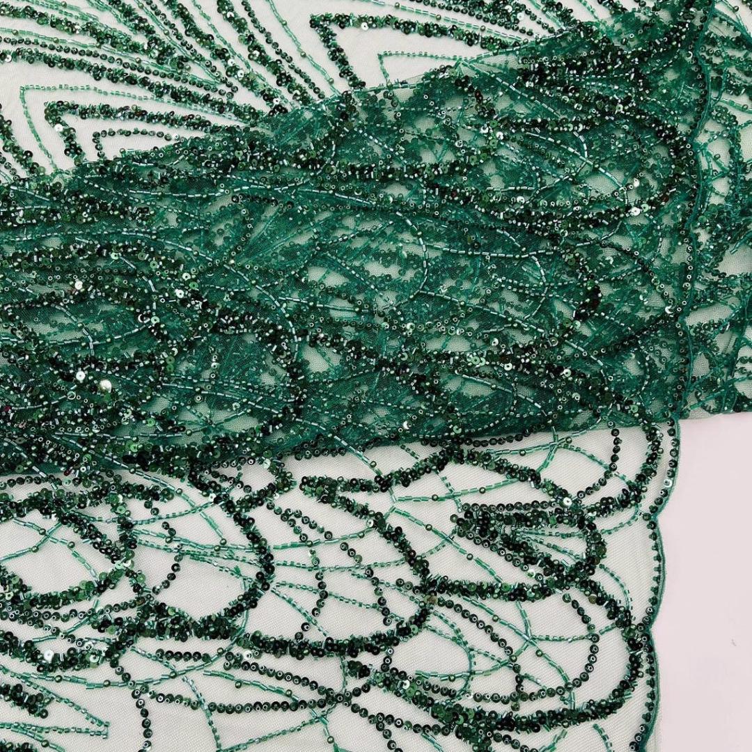 Luxurious Arch Design Lace - Hunter - Beaded Design with Embroidered Sequins and Beads On a Mesh Lace Fabric for Prom Dress By The Yard