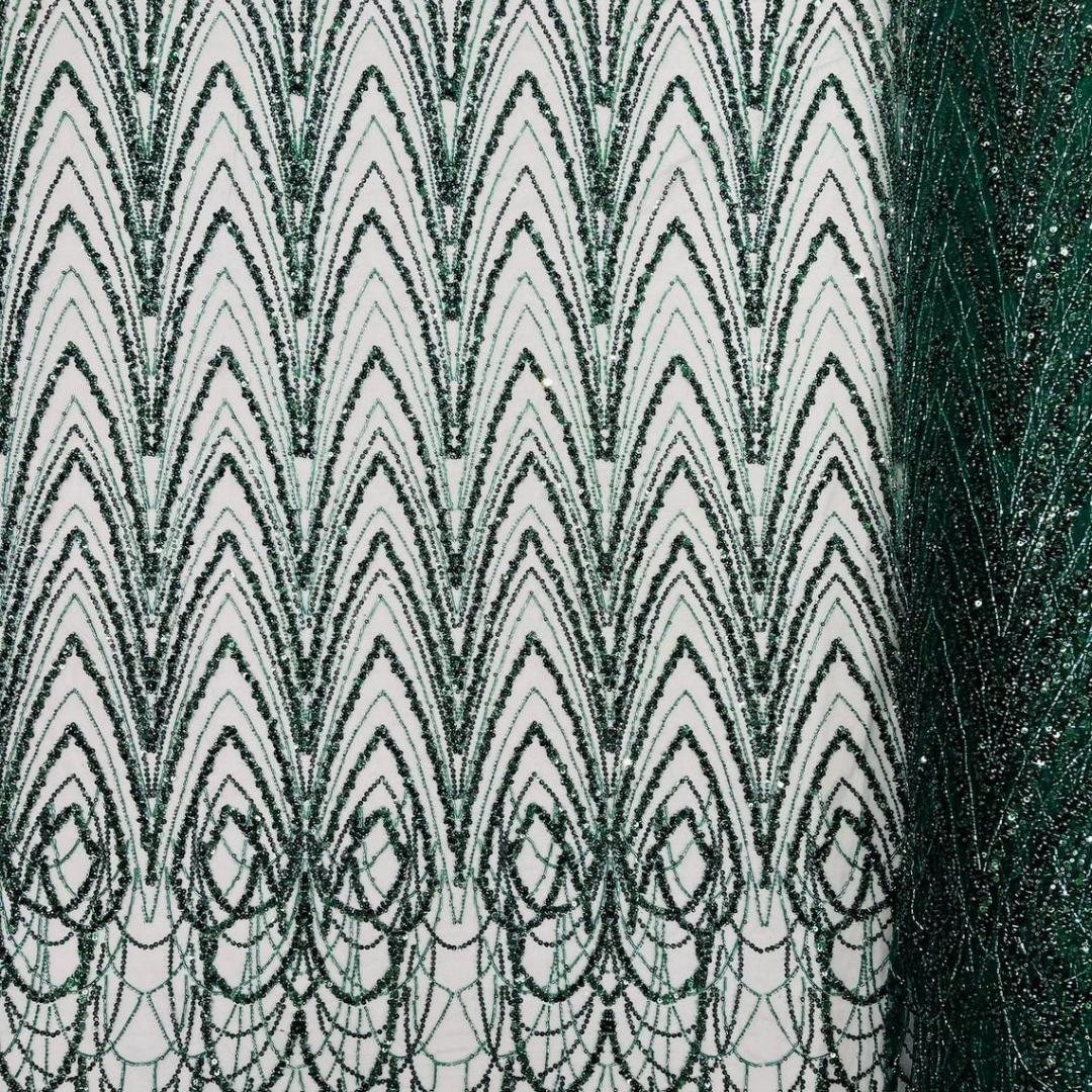 Luxurious Arch Design Lace - Hunter - Beaded Design with Embroidered Sequins and Beads On a Mesh Lace Fabric for Prom Dress By The Yard