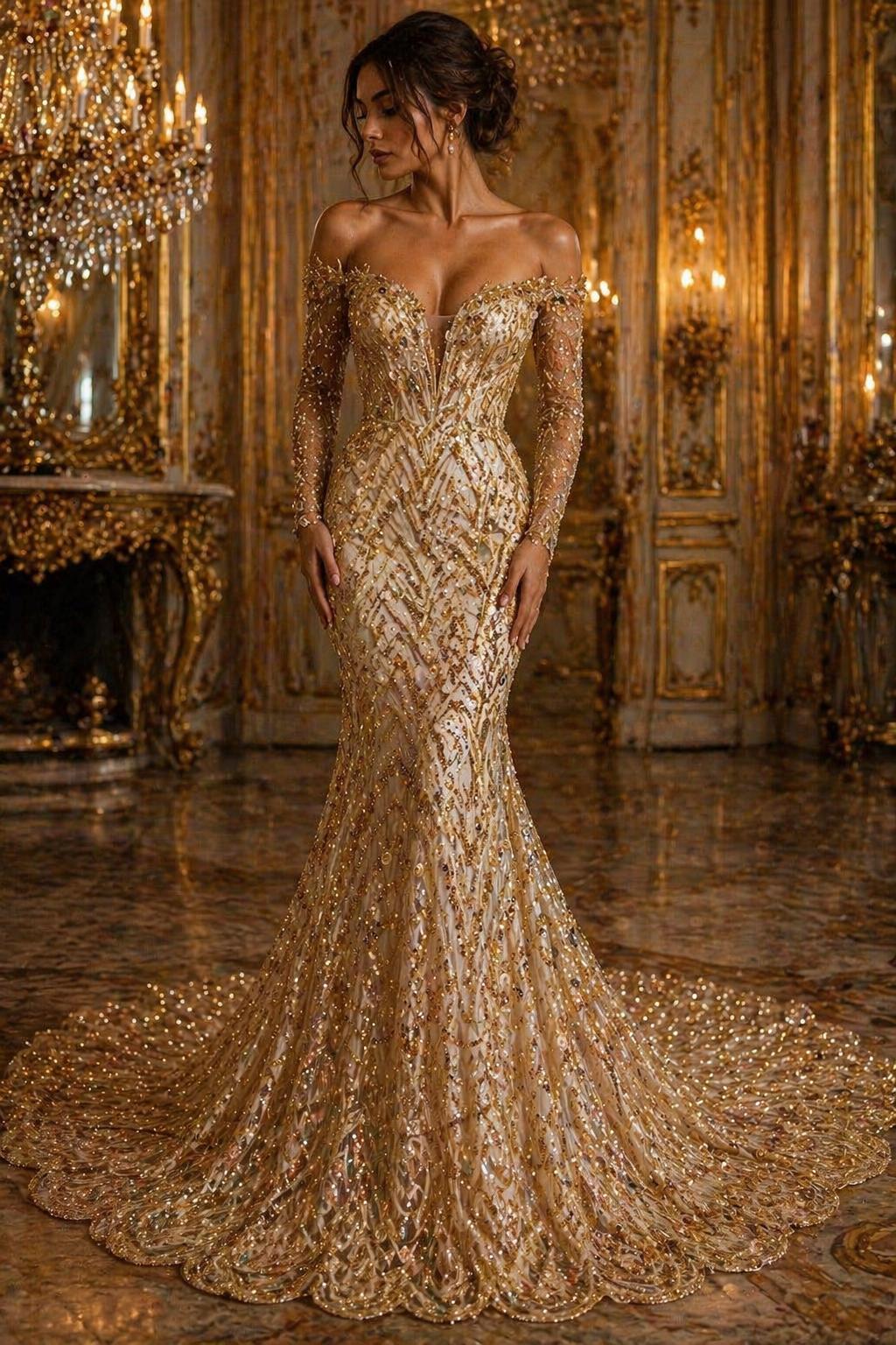 Luxurious Arch Design Lace -Champagne - Beaded Design with Embroidered Sequins and Beads On a Mesh Lace Fabric for Prom Dress By The Yard