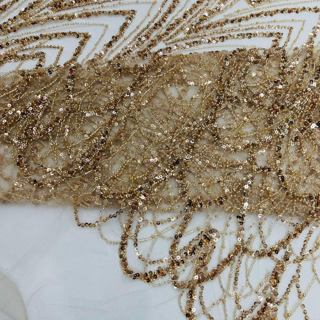 Luxurious Arch Design Lace -Champagne - Beaded Design with Embroidered Sequins and Beads On a Mesh Lace Fabric for Prom Dress By The Yard