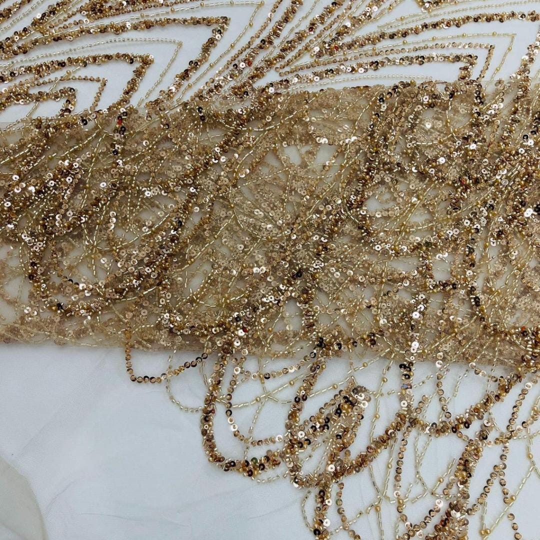 Luxurious Arch Design Lace -Champagne - Beaded Design with Embroidered Sequins and Beads On a Mesh Lace Fabric for Prom Dress By The Yard