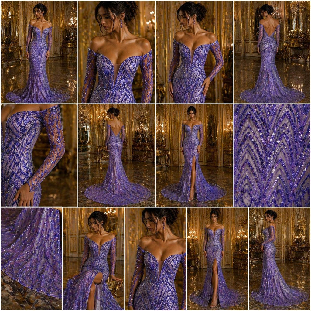 Luxurious Arch Design Lace - Lavender - Beaded Design with Embroidered Sequins and Beads On a Mesh Lace Fabric for Prom Dress By The Yard