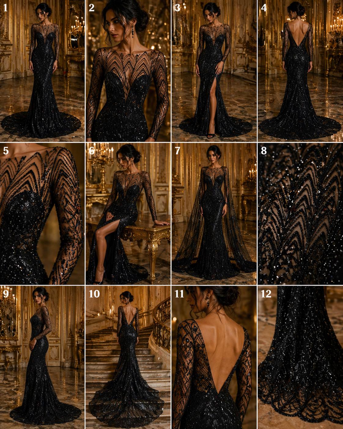 Luxurious Arch Design Lace - Black - Beaded Design with Embroidered Sequins and Beads On a Mesh Lace Fabric for Prom Dress By The Yard