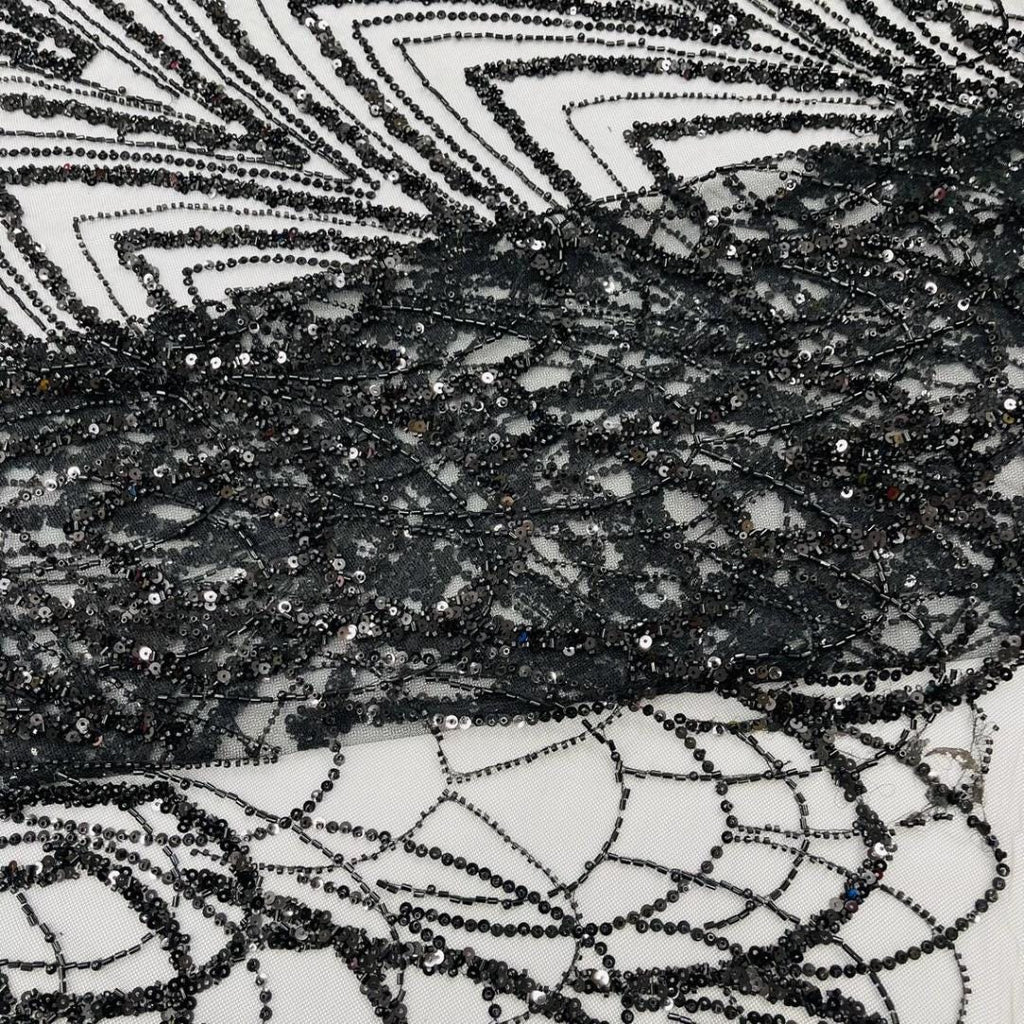Luxurious Arch Design Lace - Black - Beaded Design with Embroidered Sequins and Beads On a Mesh Lace Fabric for Prom Dress By The Yard