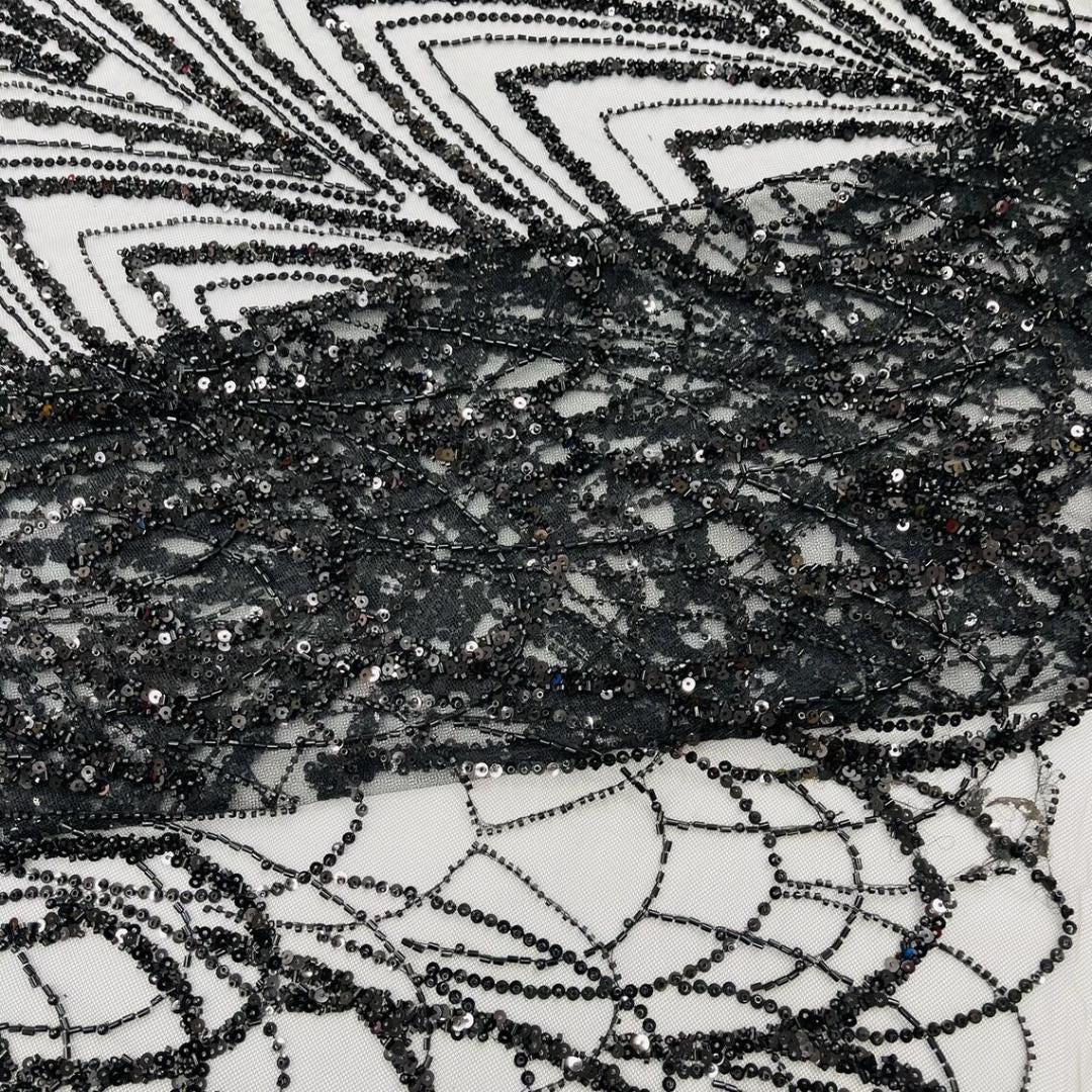 Luxurious Arch Design Lace - Black - Beaded Design with Embroidered Sequins and Beads On a Mesh Lace Fabric for Prom Dress By The Yard