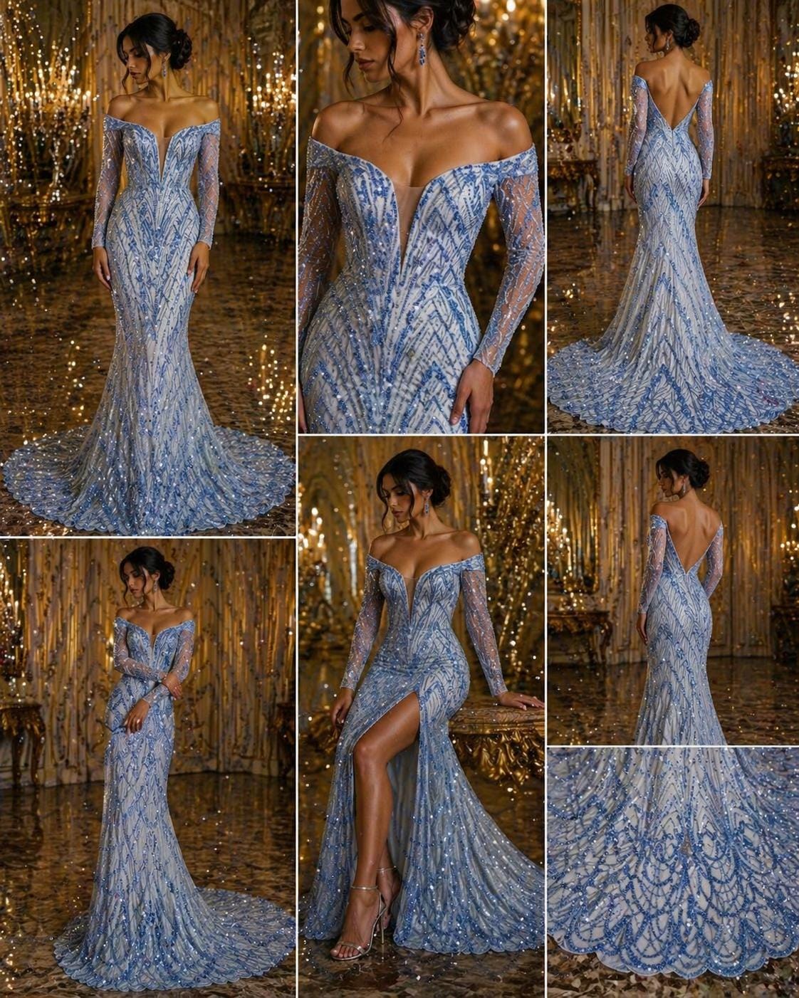 Luxurious Arch Design Lace - Lt Blue - Beaded Design with Embroidered Sequins and Beads On a Mesh Lace Fabric for Prom Dress By The Yard